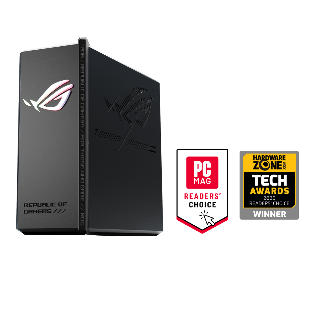 ASUS ROG GS-BE7200X WiFi 7 router with PCMag Readers' Choice and HardwareZone Tech Awards 2025 Readers' Choice Winner recognition