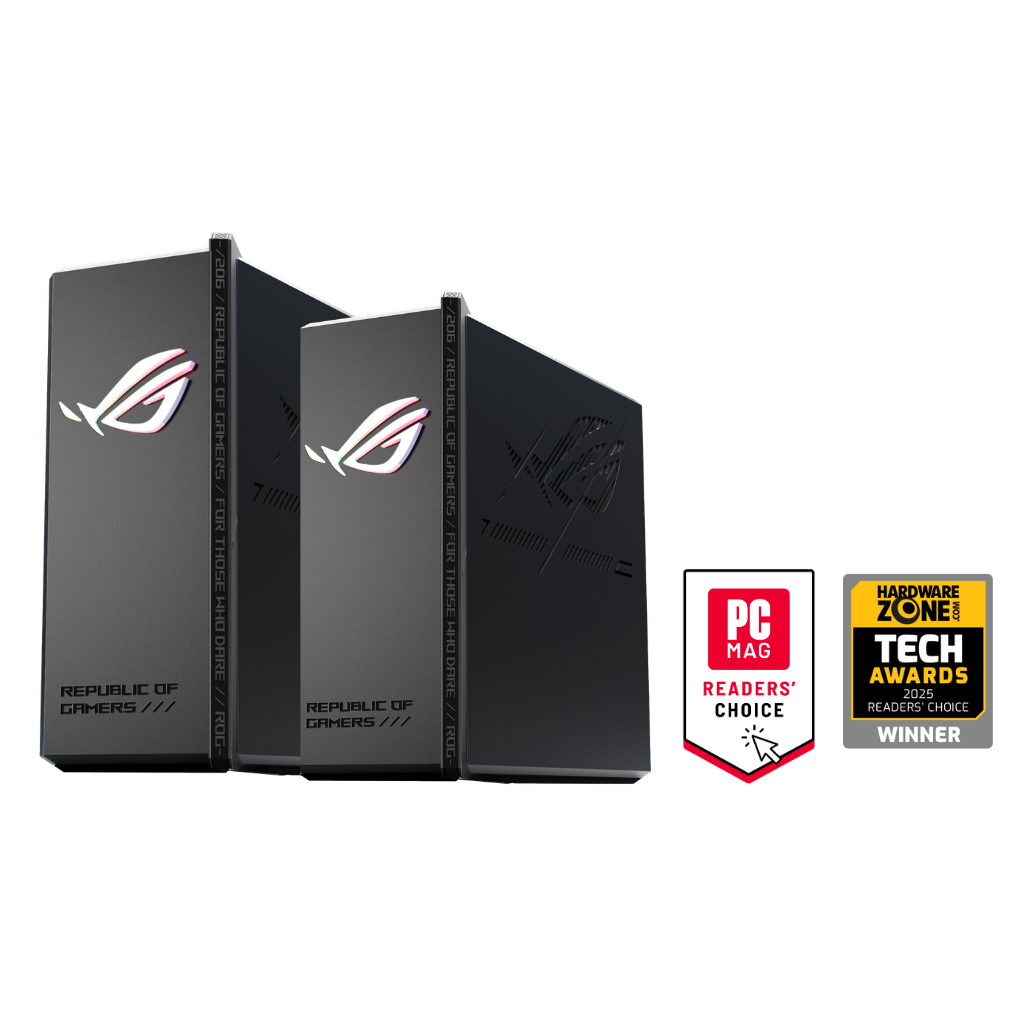 Two ASUS ROG GS-BE7200X WiFi 7 routers in AiMesh setup with HardwareZone Tech Awards 2025 Readers' Choice Winner and PCMag Readers' Choice recognition